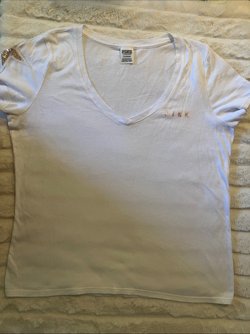 PINK Victoria's Secret White V-Neck Short Sleeve Tee with Rose-Gold Logo